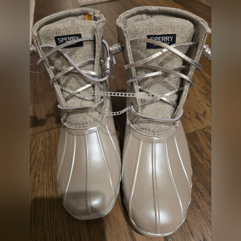 🆕 Sperry Topsider Core Saltwater Rain Duck Boots Grey Silver Iridescent Kids - Picture 9 of 16